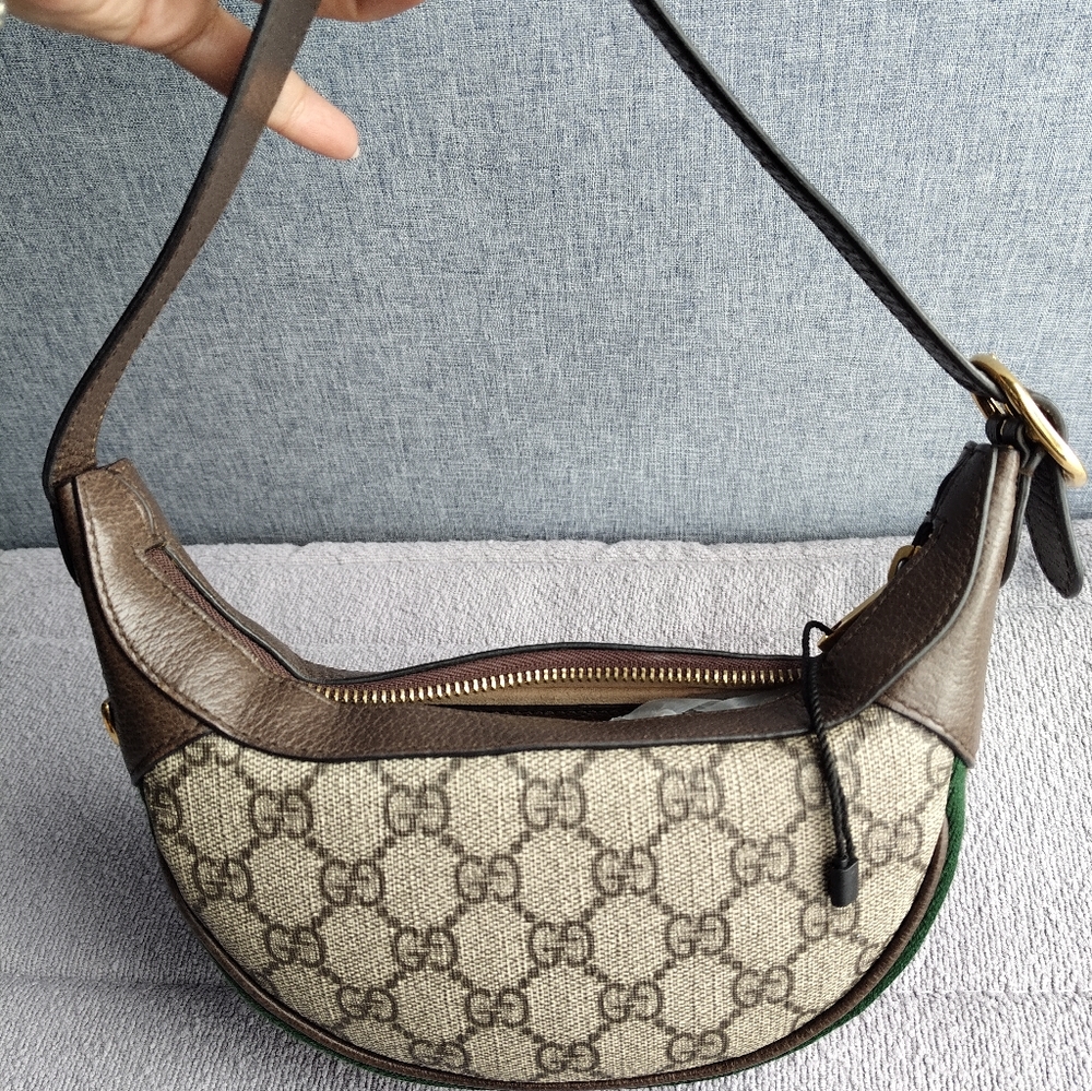 Gucci Brown GG Supreme Crescent Shoulder Bag with Gold Hardware - Picture 12 of 12